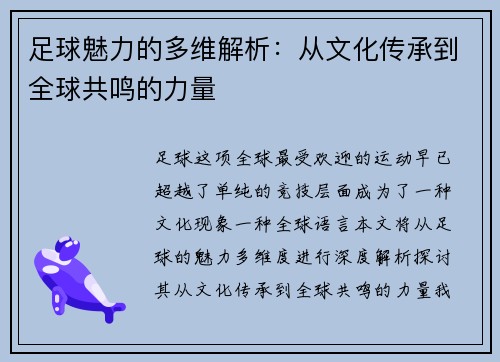 足球魅力的多维解析：从文化传承到全球共鸣的力量