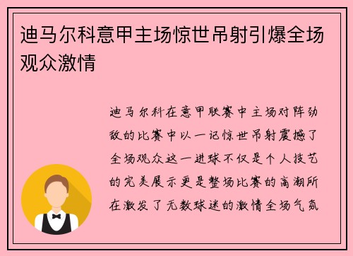 迪马尔科意甲主场惊世吊射引爆全场观众激情