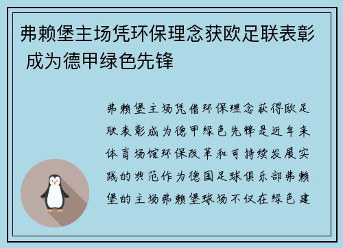 弗赖堡主场凭环保理念获欧足联表彰 成为德甲绿色先锋