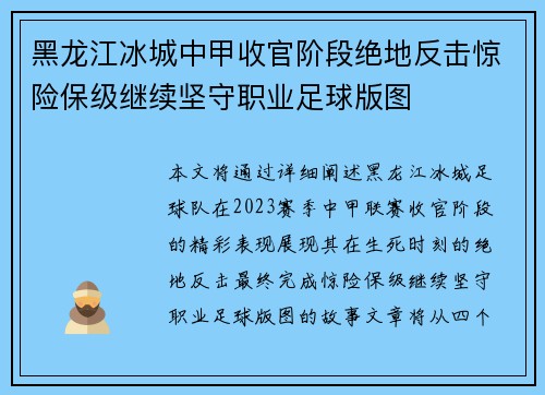 黑龙江冰城中甲收官阶段绝地反击惊险保级继续坚守职业足球版图 黑龙江冰城中甲收官阶段绝地反击惊险保级继续坚守职业足球版图