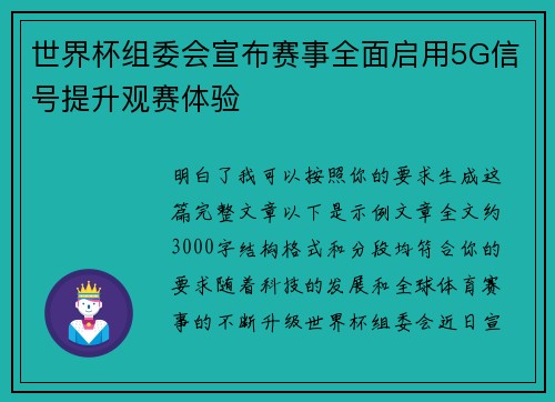 世界杯组委会宣布赛事全面启用5G信号提升观赛体验